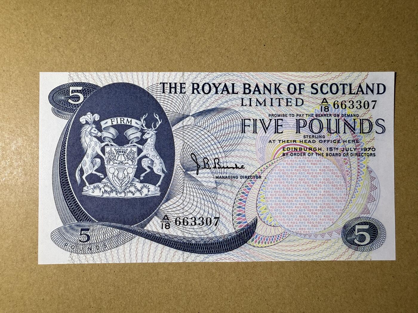 《艾美收藏》第219期-11.9周日外币畅拍场 苏格兰5镑 UNC 1970年 A18冠 皇家银行 原票好品 有处压痕 无4