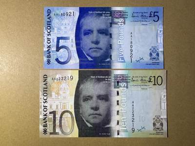《艾美收藏》第219期-11.9周日外币畅拍场 - 苏格兰5、10镑2张 UNC 苏格兰银行 2007年 AA冠 全程无47