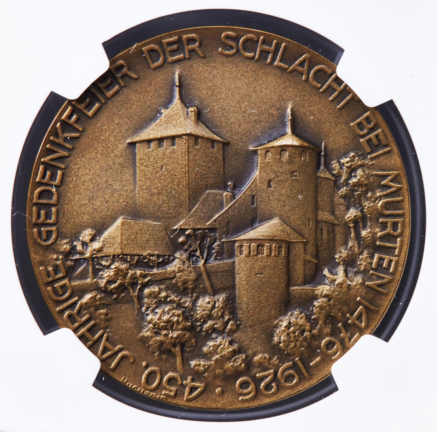 【俄甄集藏】2025年(044)11-12星期三晚 19:30 全场包邮 瑞士1926年纪念独立战争穆尔滕战役胜利450周年铜章，NGC MS64，章牌描述瑞士联军击败勃艮第公爵“大胆查理”军队，巩固独立地位，稀少品种