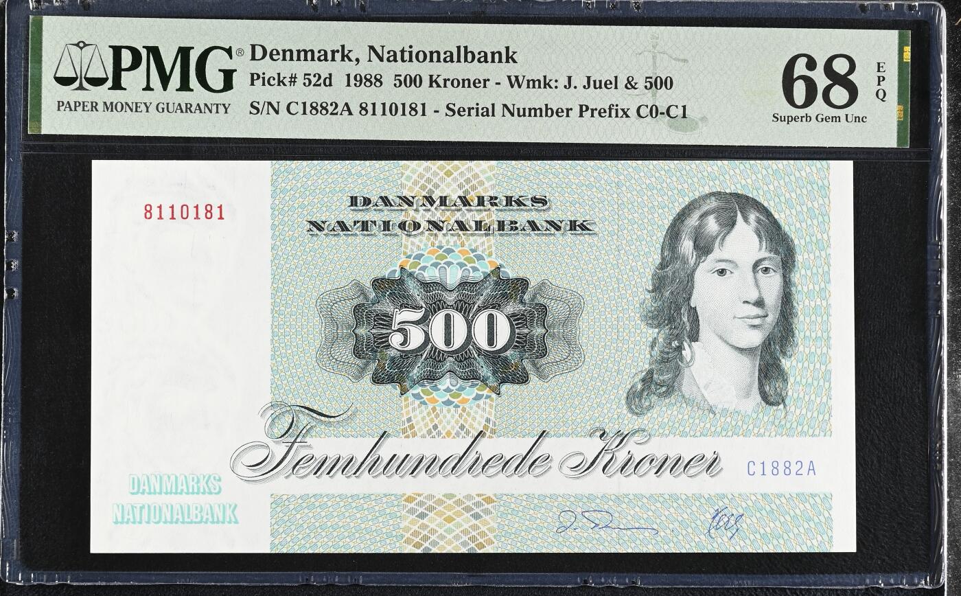 《艾美收藏》第219期-11.9周日外币畅拍场 丹麦1988年500克朗次高值PMG68E冠军分少见倒置号8110181数三018组合 大蜥蜴 Pick#52d