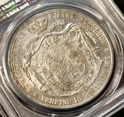 甄臻铺-世界币章拍卖（第38期）立冬小精品场，送拍享返佣金等优惠多多 PCGS-AU58 德国1854年 不伦瑞克狼堡威廉2泰勒大银币 盾徽版 流通主币，250000发行量，非常见年份 状态非常好，疑似低评，十字大转光