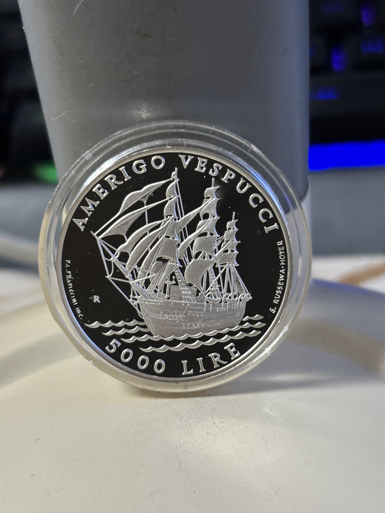 第181期拍卖 圣马力诺 1995年 阿美利哥·韦斯普奇号训练舰 5000里拉精制纪念银币，835银，18克