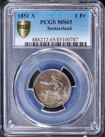 【俄甄集藏】2025年(044)11-12星期三晚 19:30 全场包邮 - 瑞士1851年女神A版1法郎银币，PCGS MS65，季军，五彩酱彩老包浆，原光品相，顶级状态，名誉品种