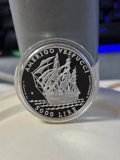 第181期拍卖 - 圣马力诺 1995年 阿美利哥·韦斯普奇号训练舰 5000里拉精制纪念银币，835银，18克