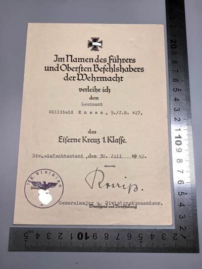小驴勋章奖章收藏11月8日周六晚6点拍卖（珍爱和平，收藏战争，铭记历史，勿忘国耻，忠党爱国。有偿代拍，送拍规则在简介最后，参拍须阅读规则后再参拍，关系到运费包装发货时效真假辨别等关键信息，拍卖时不再发原图，看大图店主微信码在最后拍品里） - 第417步兵团第9连中尉威利巴尔德EKI证书，师长签发