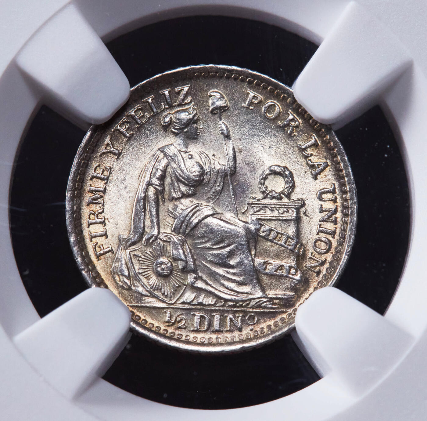 【俄甄集藏】2025年(044)11-12星期三晚 19:30 全场包邮 秘鲁1916年FG版女神1/2迪内罗银币，NGC MS65，黄油彩，转光品相，顶级状态