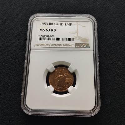 【全场包邮】纯粹捡漏拍477场（免费代拍第14场）调整中 - 爱尔兰1953年1/4便士铜币-NGC MS63 RB