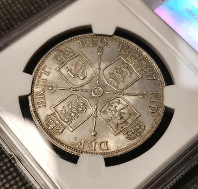 甄臻铺-世界币章拍卖（第38期）立冬小精品场，送拍享返佣金等优惠多多 NGC-MS61 1887年英国高冠双弗洛林，罗马字体版，虽然记载中罗马数字版与阿拉伯数字版铸造数量几乎一致，但是平时罗马数字版很少见