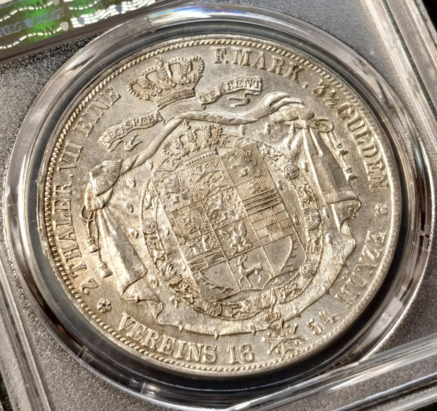 甄臻铺-世界币章拍卖（第38期）立冬小精品场，送拍享返佣金等优惠多多 PCGS-AU58 德国1854年 不伦瑞克狼堡威廉2泰勒大银币 盾徽版 流通主币，250000发行量，非常见年份 状态非常好，疑似低评，十字大转光