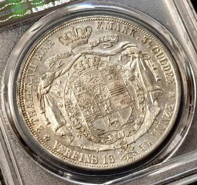 甄臻铺-世界币章拍卖（第38期）立冬小精品场，送拍享返佣金等优惠多多 PCGS-AU58 德国1854年 不伦瑞克狼堡威廉2泰勒大银币 盾徽版 流通主币，250000发行量，非常见年份 状态非常好，疑似低评，十字大转光