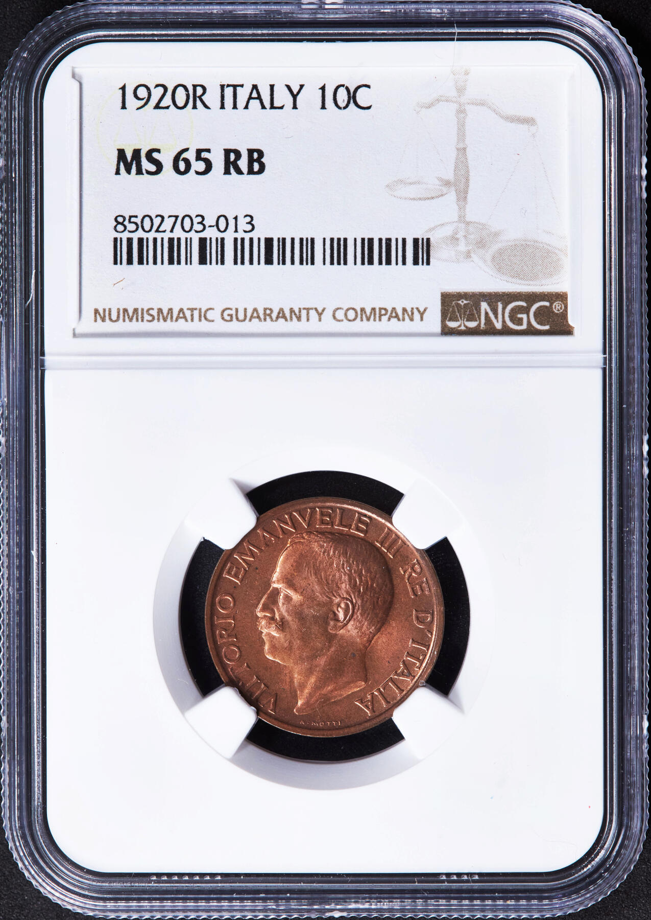 【俄甄集藏】2025年(044)11-12星期三晚 19:30 全场包邮 意大利1920年R版伊曼纽尔三世蜜蜂10分铜币，NGC MS65RB，原铜光闪闪，转光品相，钱币史上十分经典的设计，热门品种