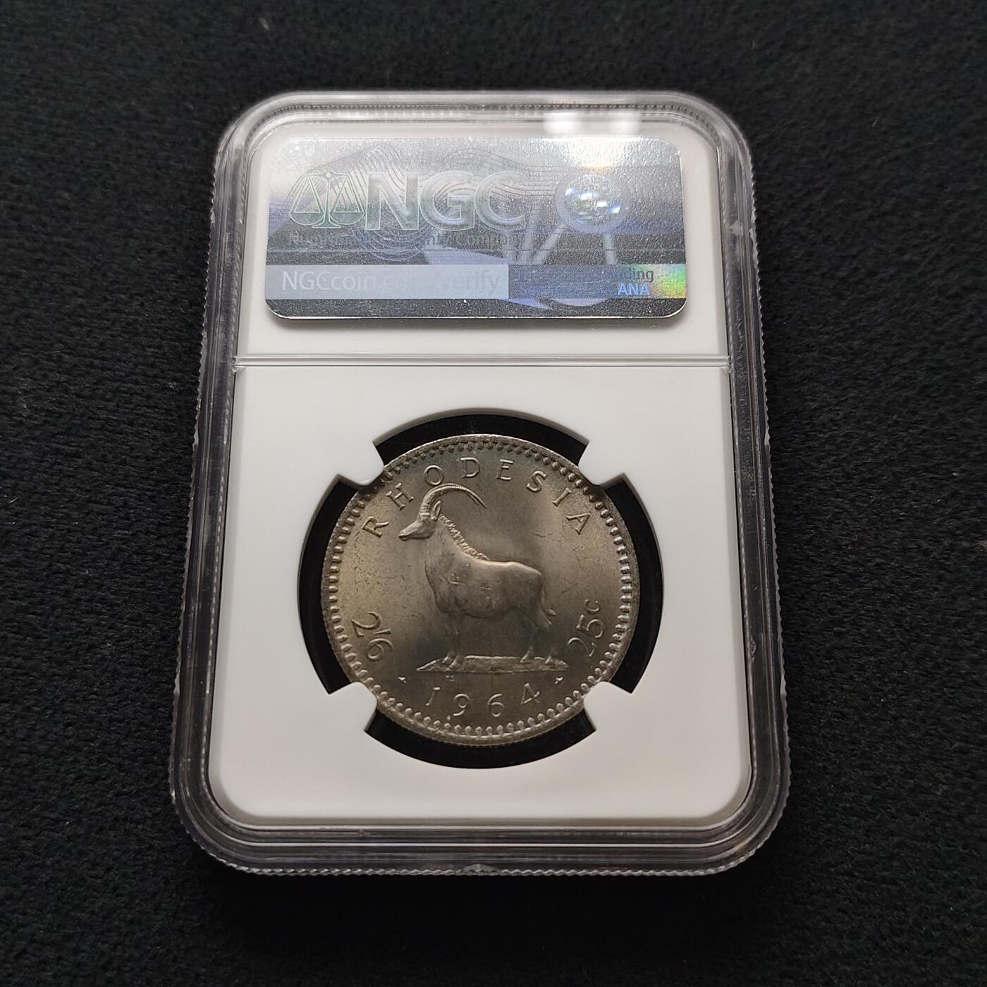 【全场包邮】纯粹捡漏拍477场（免费代拍第14场）调整中 英属罗德西亚1964年25分/2先令6便士双面值-NGC MS64