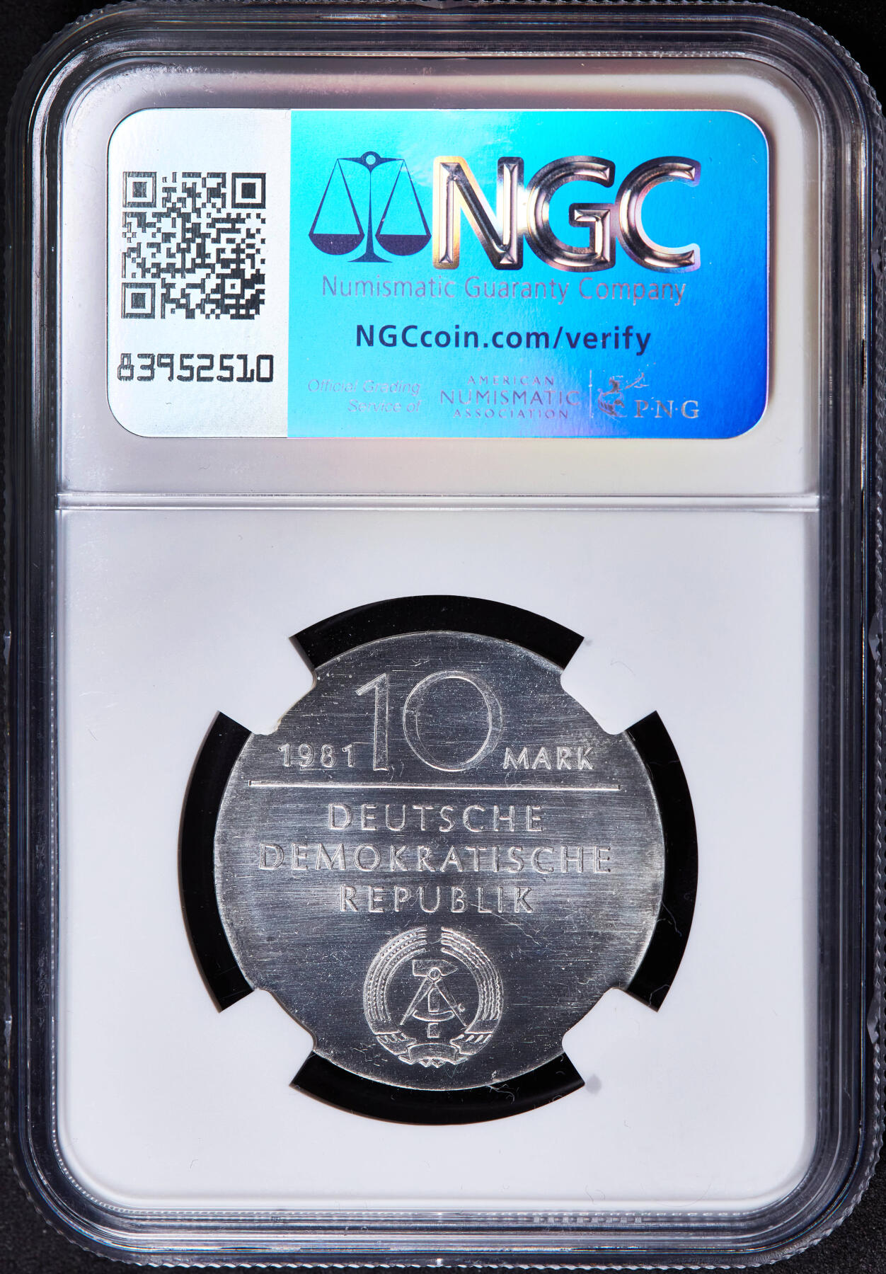 【俄甄集藏】2025年(044)11-12星期三晚 19:30 全场包邮 民主德国（东德）1981年纪念哲学家格奥尔格·威廉·弗里德里希·黑格尔逝世150周年10马克银币，NGC MS68，唯一冠军，重17克，50%银，发行量50000枚，少见品种