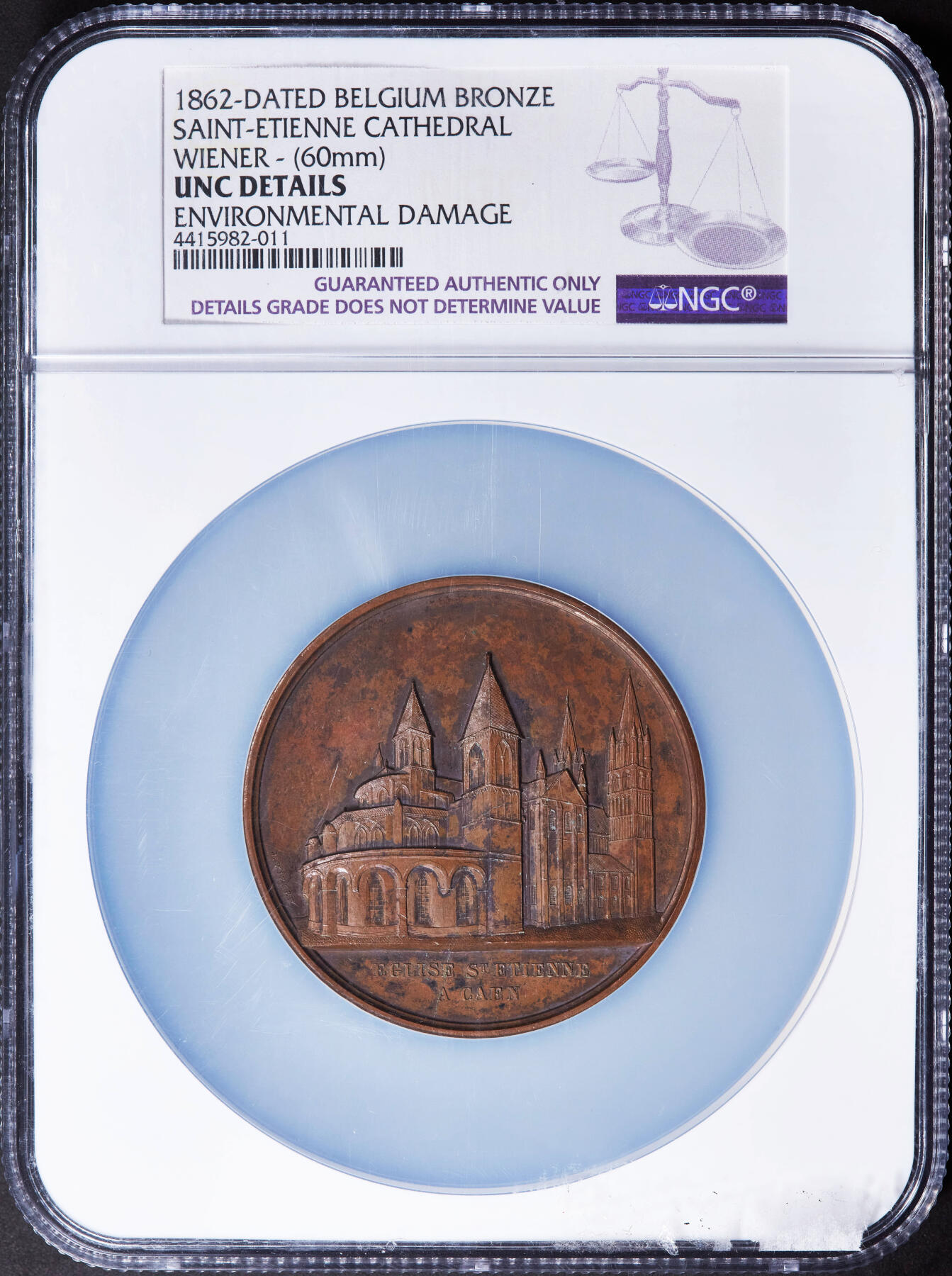 【俄甄集藏】2025年(044)11-12星期三晚 19:30 全场包邮 法国1862年雅克布·维纳教堂系列-卡昂圣埃提安教堂大铜章，NGC UNCD，名誉品种，设计精美，直径60mm