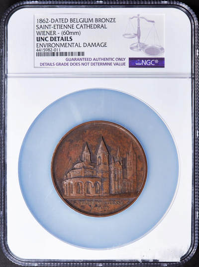 【俄甄集藏】2025年(044)11-12星期三晚 19:30 全场包邮 - 法国1862年雅克布·维纳教堂系列-卡昂圣埃提安教堂大铜章，NGC UNCD，名誉品种，设计精美，直径60mm