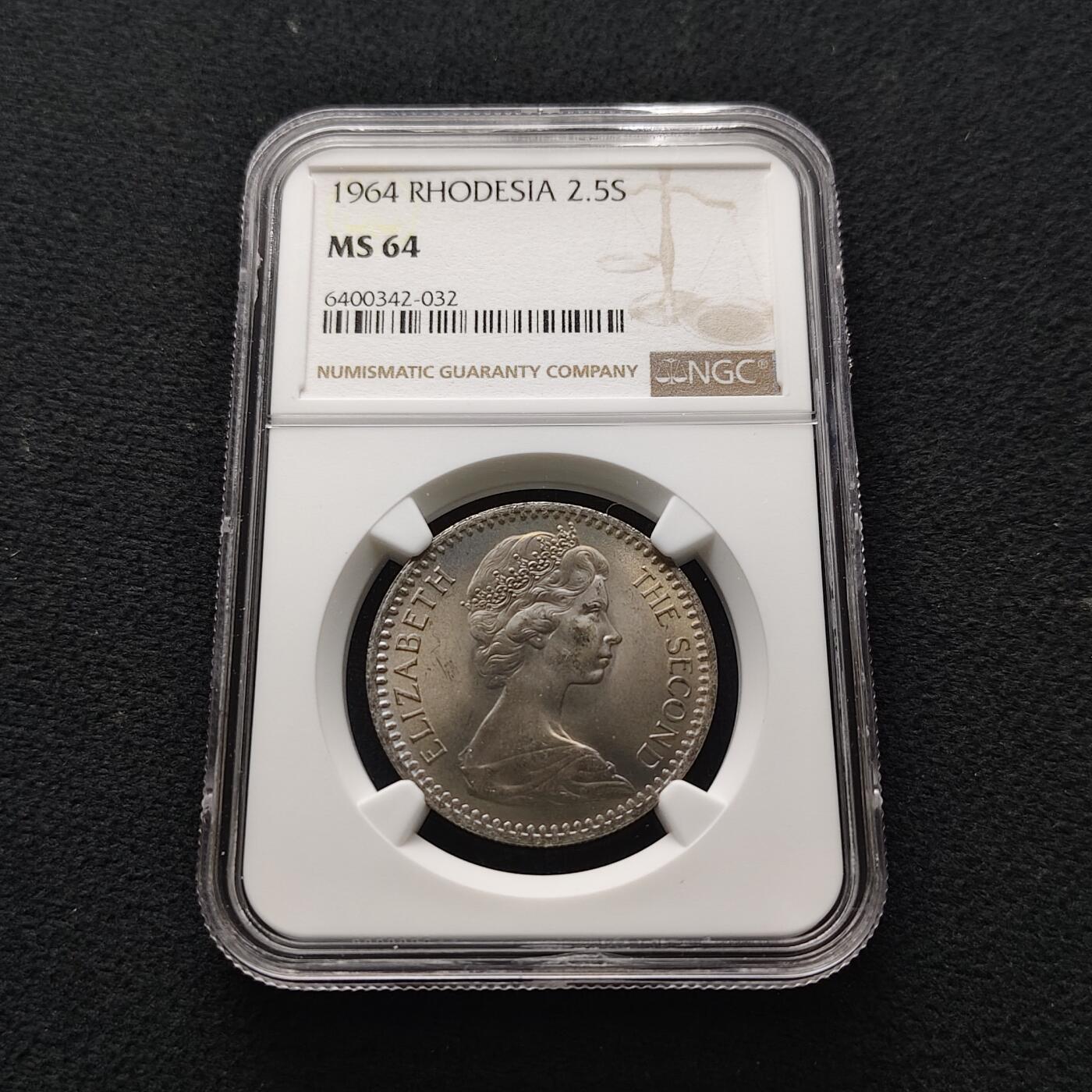 【全场包邮】纯粹捡漏拍477场（免费代拍第14场）调整中 英属罗德西亚1964年25分/2先令6便士双面值-NGC MS64