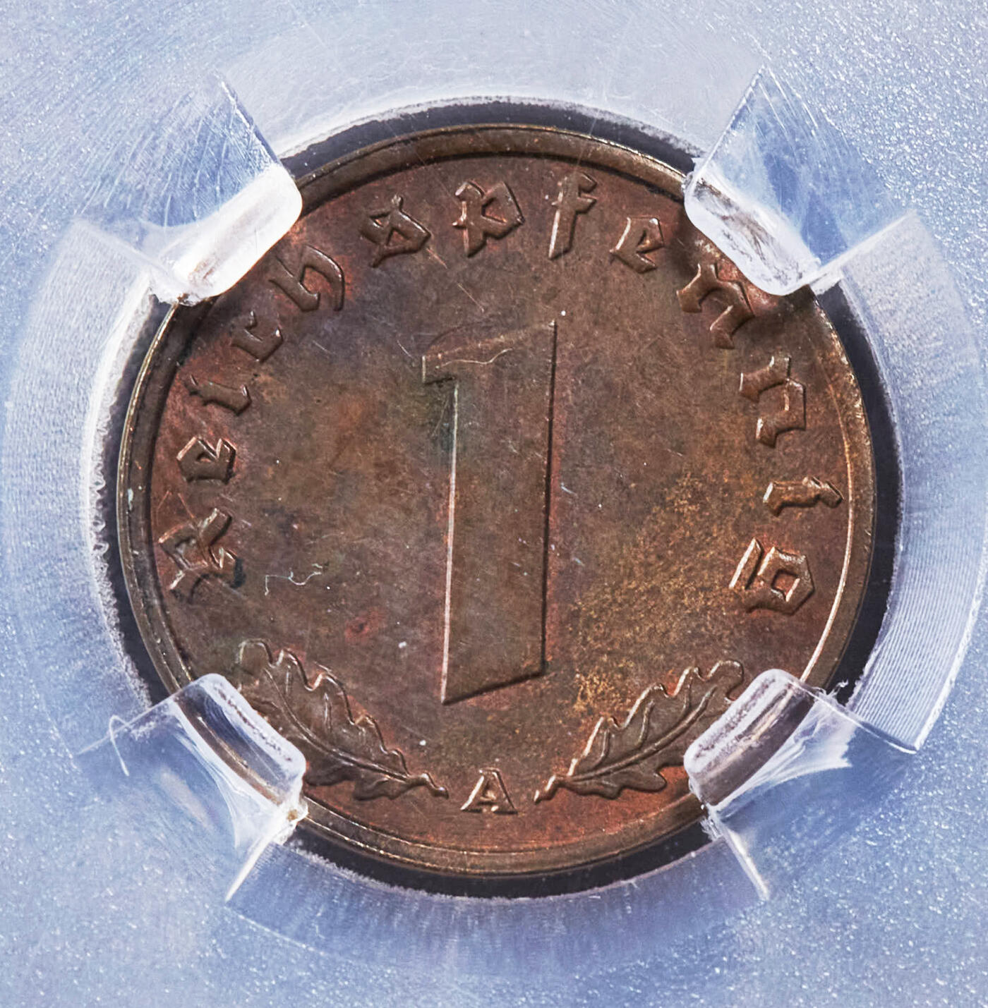 【俄甄集藏】2025年(044)11-12星期三晚 19:30 全场包邮 德国第三帝国1938-1939年A版1、2芬尼铜币，TQG AU58，两枚一组，如需原图，请联系客服