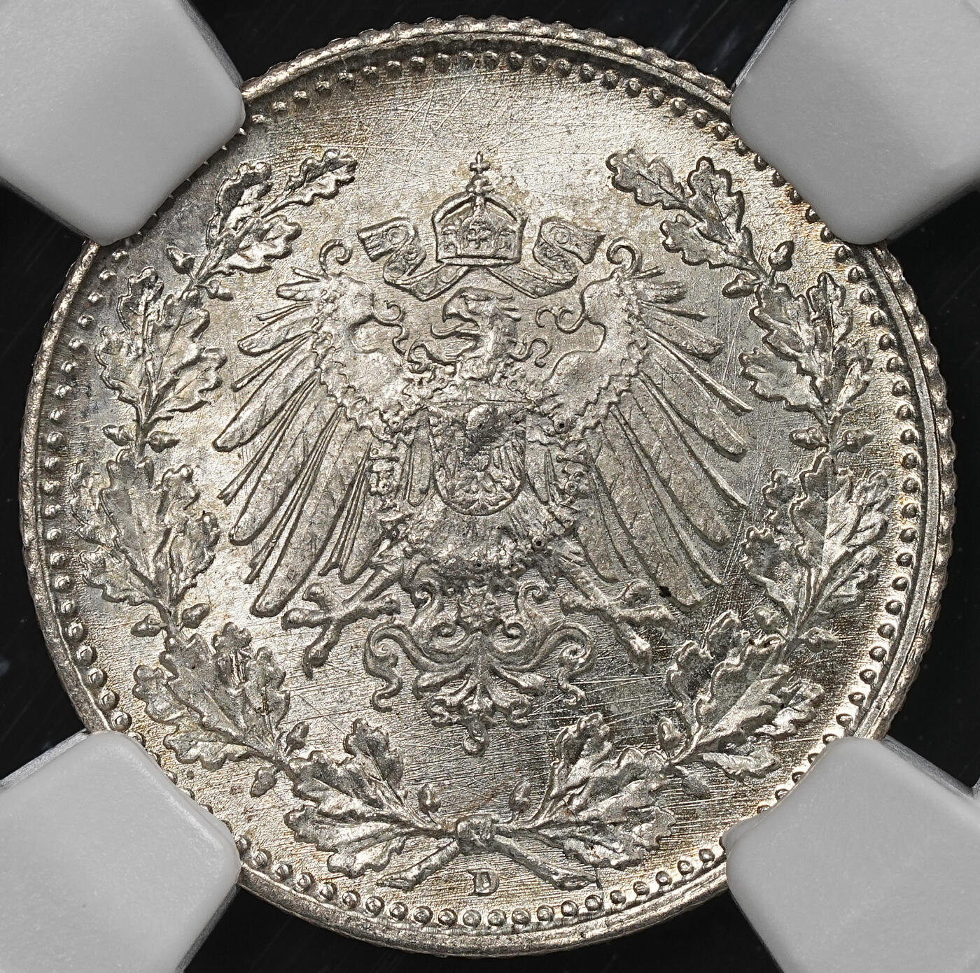 修遠堂世界钱币第九十二期 NGC MS65 1918年德国1/2马克银币 D厂铭