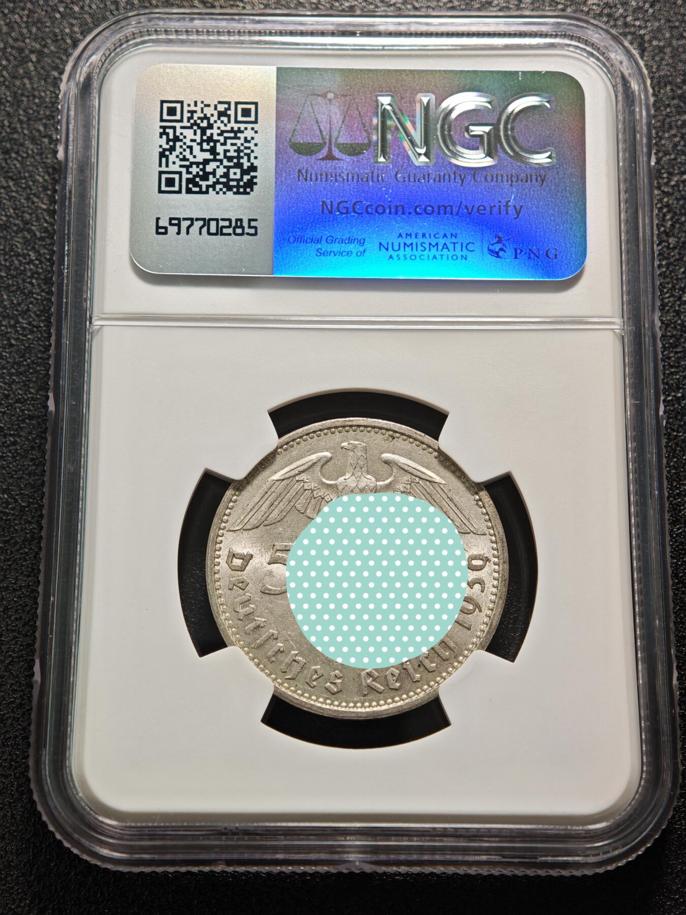 【德藏】世界币章拍卖第152期（拍品征集中~欢迎藏友联系） 1936年 德国兴登堡头像5马克银币 原光十足 NGC MS64 （原图请查询NGC评级公司官网）