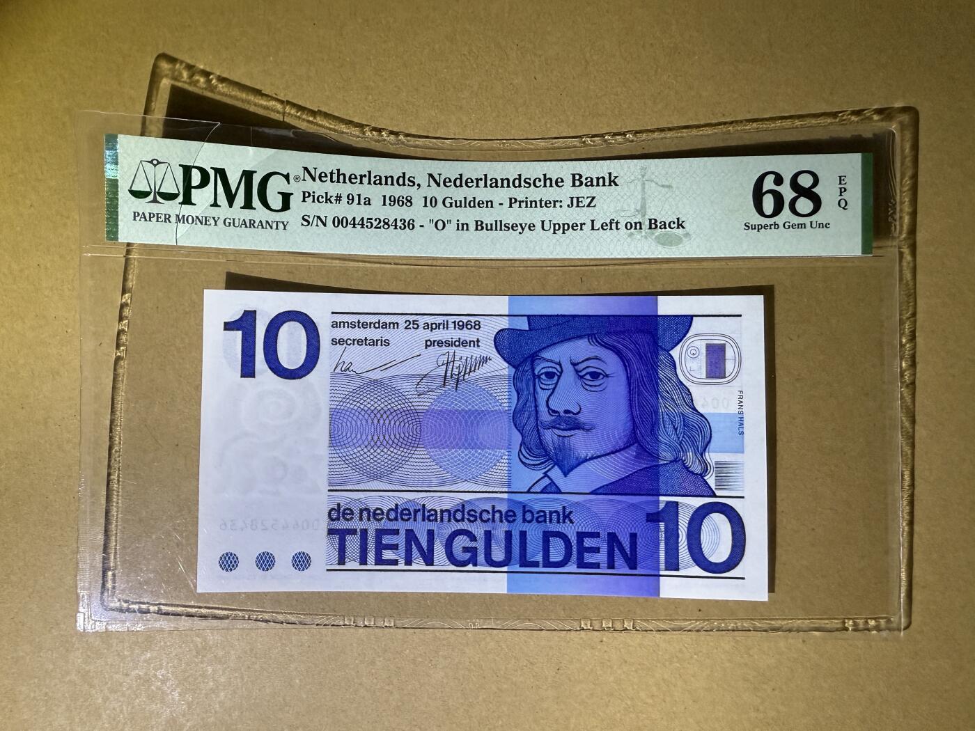 《艾美收藏》第219期-11.9周日外币畅拍场 荷兰10盾 PMG68E 初版牛眼版 壳子标签处破损 轻微弯曲 纸币密封无损 可以申请换壳或视为裸币绝品