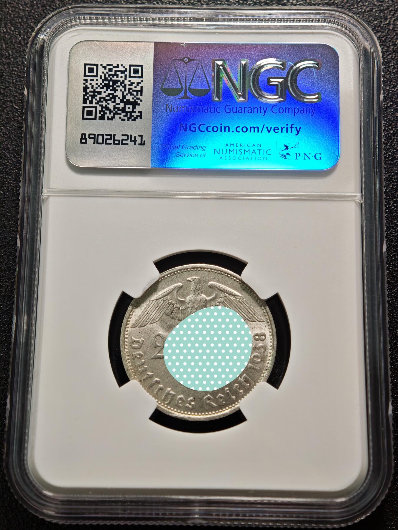 【德藏】世界币章拍卖第152期（拍品征集中~欢迎藏友联系） 1938年 德国兴登堡头像2马克银币 原光十足 NGC MS64 （原图请查询NGC评级公司官网）