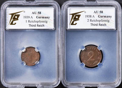 【俄甄集藏】2025年(044)11-12星期三晚 19:30 全场包邮 - 德国第三帝国1938-1939年A版1、2芬尼铜币，TQG AU58，两枚一组，如需原图，请联系客服