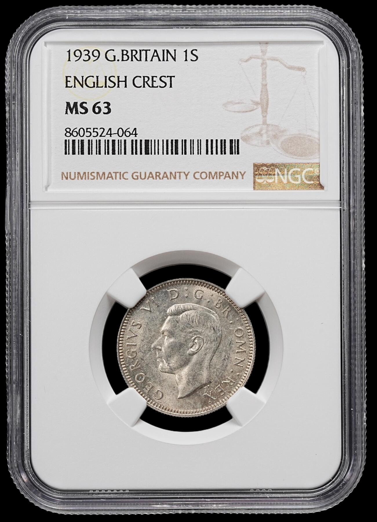 修遠堂世界钱币第九十二期 NGC MS63 1939年英国1先令银币 英格兰徽章版