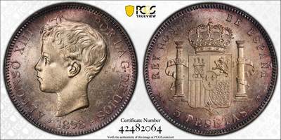博洋堂“物美丰成”11月精品专场暨第145期（全场包邮） - PCGS MS62 西班牙1898年阿方索十三世5比塞塔银币，玫瑰包浆