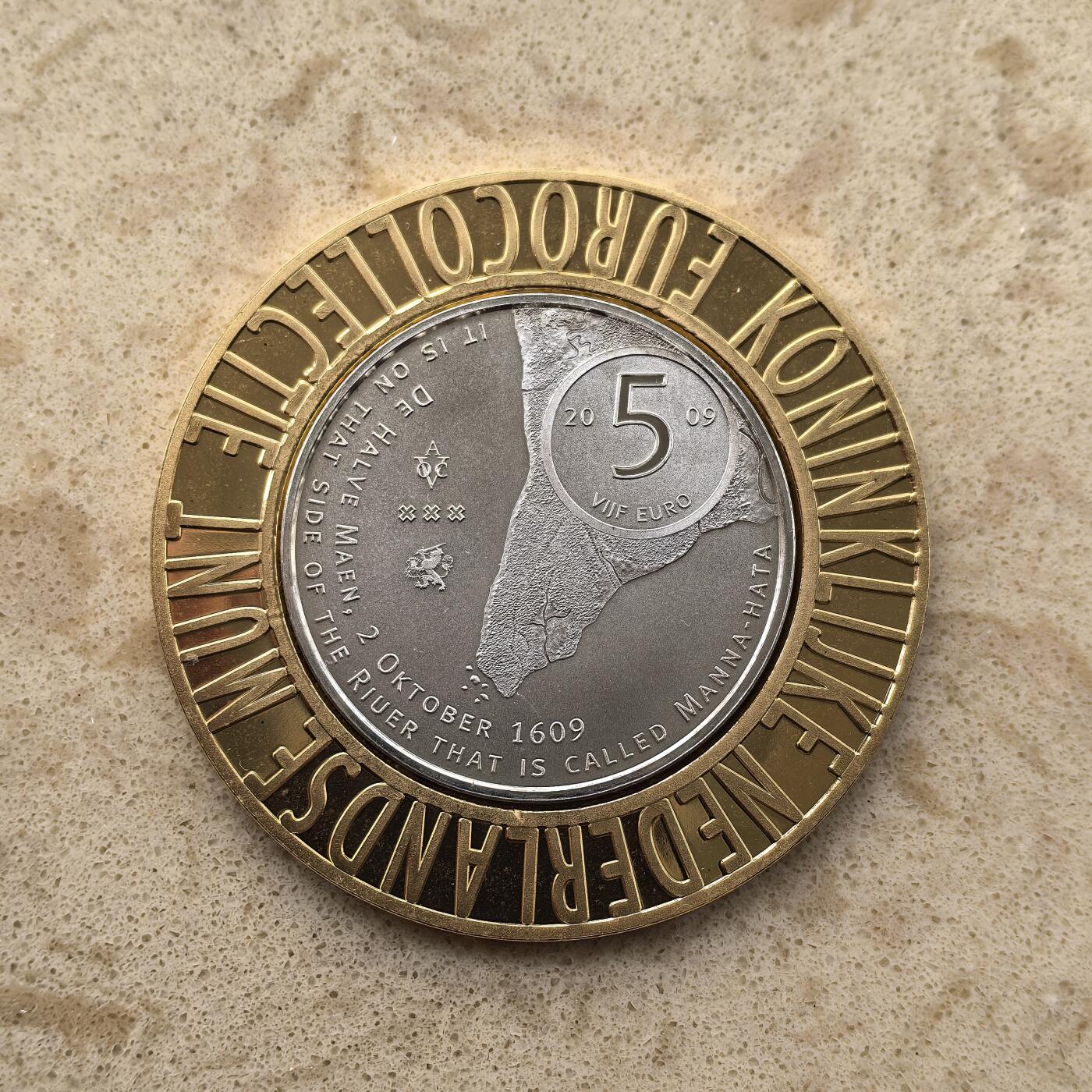 道一币馆币章第一百五十五场 镀金金属护垫 荷兰2009年荷兰人移民纽约曼哈顿400年5元纪念银币 15.5g 925s 20000