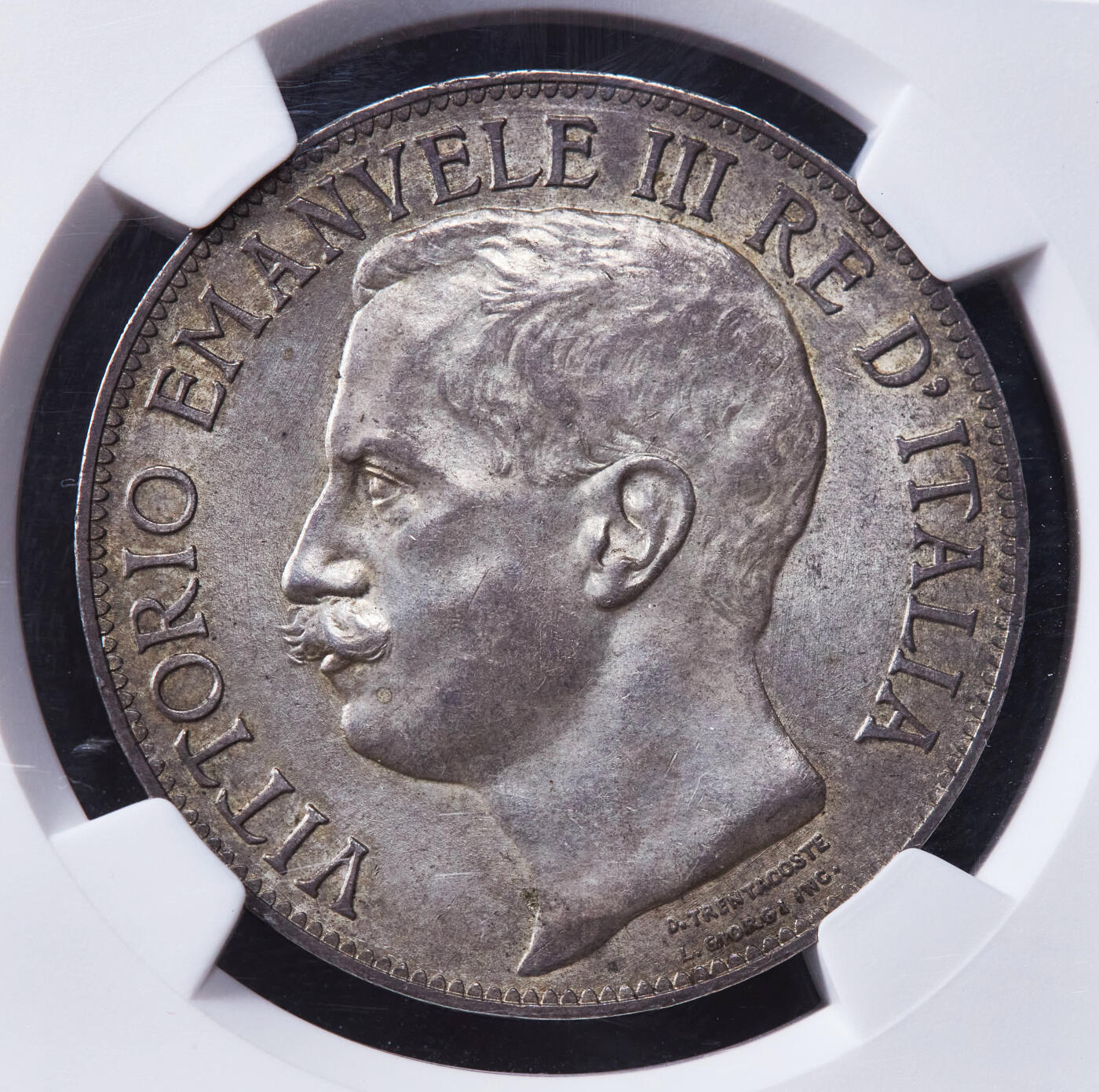 【俄甄集藏】2025年(044)11-12星期三晚 19:30 全场包邮 意大利1911年R版伊曼纽尔三世建国50周年播种5里拉大银币，NGC MS62，黄油酱彩原味包浆，原光品相，名誉品种，设计精美，味道极佳