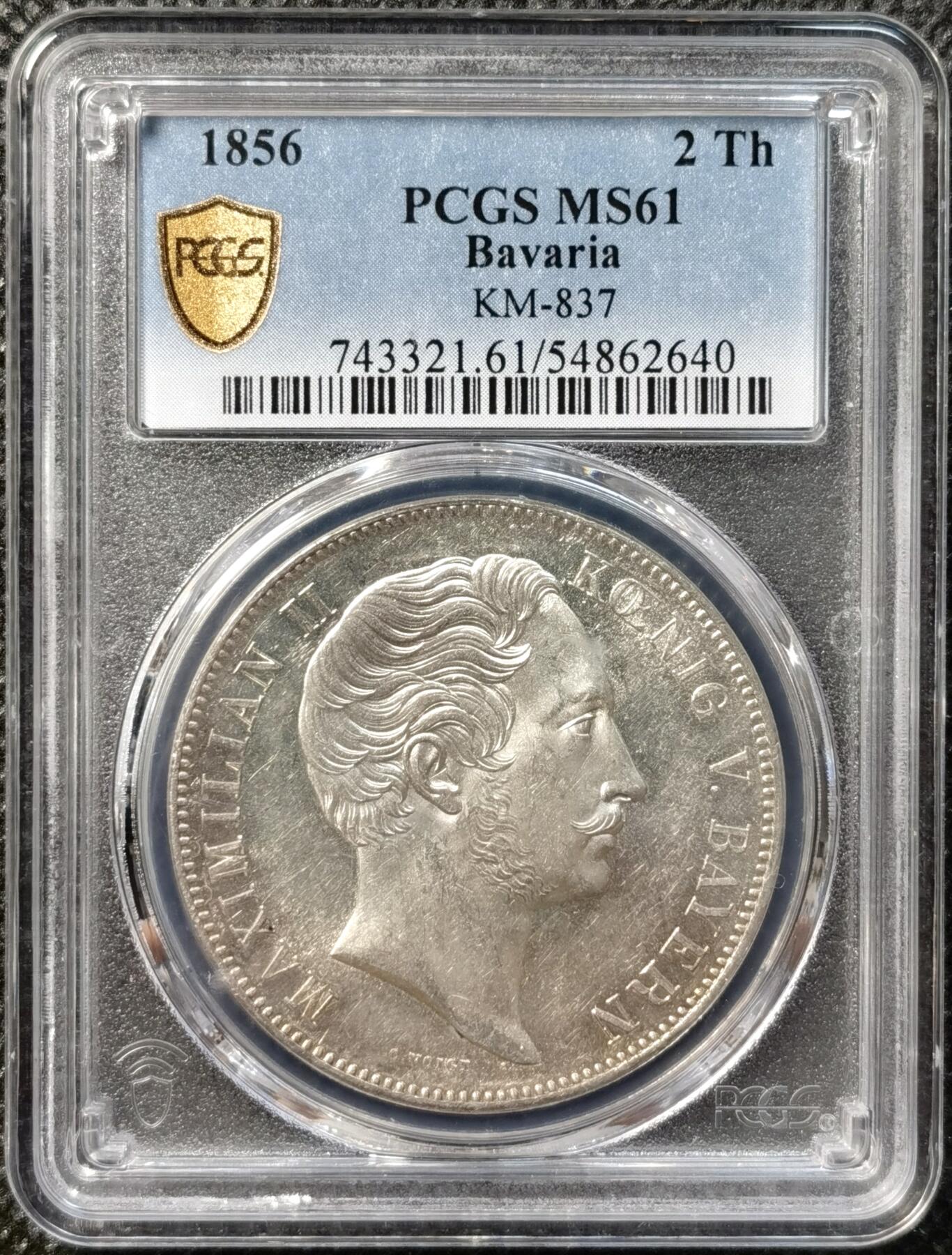 甄臻铺-世界币章拍卖（第38期）立冬小精品场，送拍享返佣金等优惠多多 PCGS MS61 1856年德国巴伐利亚马克西米利安二世双狮盾徽流通2泰勒 十字转光底板状态异常舒适