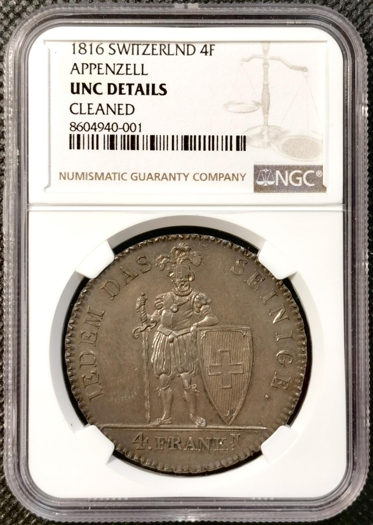 甄臻铺-世界币章拍卖（第38期）立冬小精品场，送拍享返佣金等优惠多多 NGC-UNCD 瑞士1816年阿彭策尔州雇佣兵银币，面值4法郎，发行量仅1850枚，属于瑞士雇佣兵银币系列中的稀缺品种梯队