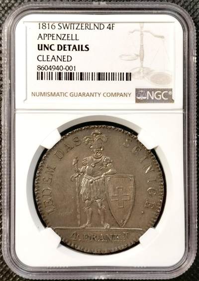 甄臻铺-世界币章拍卖（第38期）立冬小精品场，送拍享返佣金等优惠多多 - NGC-UNCD 瑞士1816年阿彭策尔州雇佣兵银币，面值4法郎，发行量仅1850枚，属于瑞士雇佣兵银币系列中的稀缺品种梯队