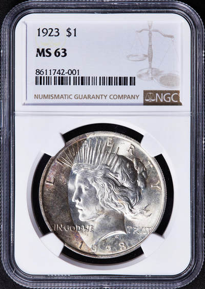 【俄甄集藏】2025年(044)11-12星期三晚 19:30 全场包邮 - 美国1923年和平1美元大银币，NGC MS63，月牙酱彩环彩，转光品相，十分稀有的包浆状态