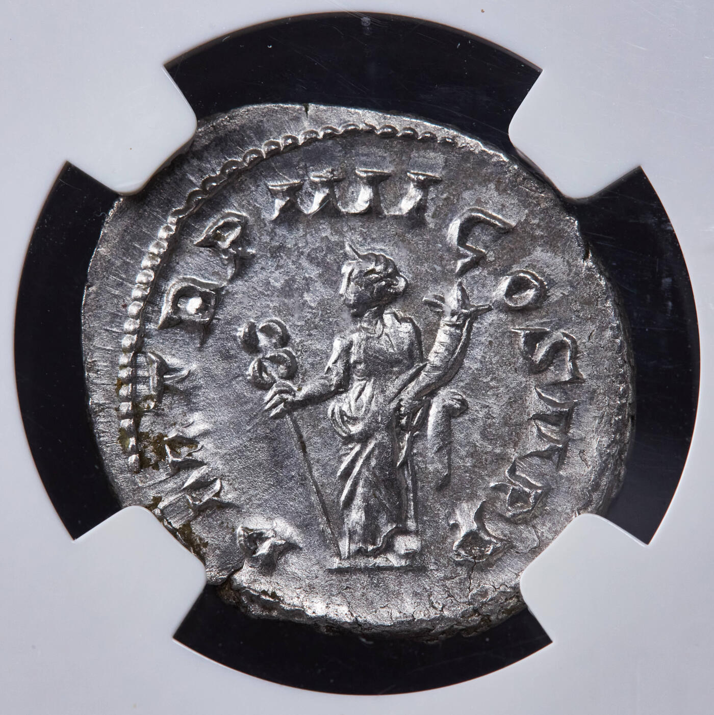 【俄甄集藏】2025年(044)11-12星期三晚 19:30 全场包邮 古罗马帝国公元247年菲利普一世双第纳尔幸运女神双蛇杖银币，NGC AU，安条克造币厂打制，正面皇帝菲利普一世戴芒冠头像，币文“最高统帅，菲利普·奥古斯都”，背面幸运女神费里希塔丝手持双蛇杖与丰饶角，原光品相，打制犀利，老盒严评