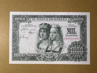 《艾美收藏》第219期-11.9周日外币畅拍场 - 西班牙1000比塞塔 UNC 1957年 西班牙国王费尔南多与王后伊莎贝尔双王 轻微荧光 无47