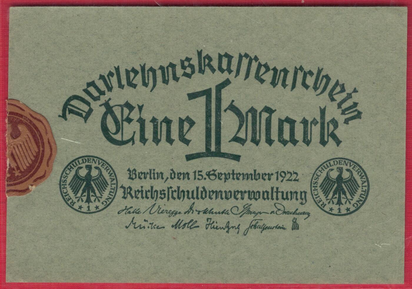德国1922年1马克 P-61a 浅绿色纸版 贴有银行原始封签 实物图 UNC