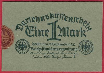 德国1922年1马克 P-61a 浅绿色纸版 贴有银行原始封签 实物图 UNC - 德国1922年1马克 P-61a 浅绿色纸版 贴有银行原始封签 实物图 UNC