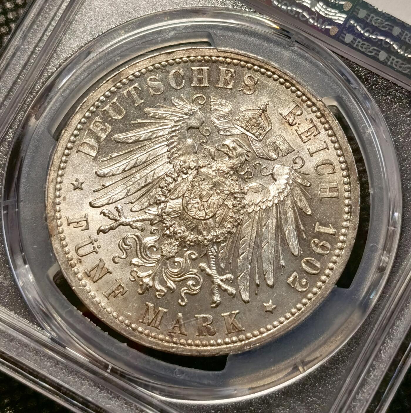 甄臻铺-世界币章拍卖（第38期）立冬小精品场，送拍享返佣金等优惠多多 PCGS-MS65 德国巴登1902年弗里德里希大公登基50周年5马克银币，顶级高分