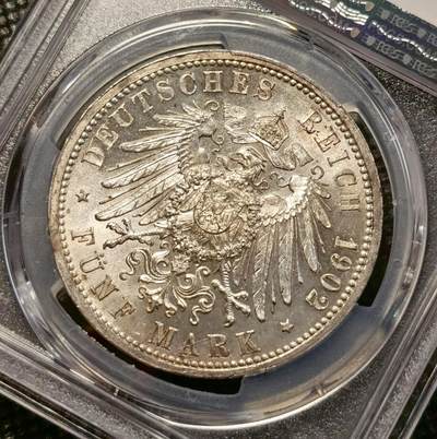 甄臻铺-世界币章拍卖（第38期）立冬小精品场，送拍享返佣金等优惠多多 PCGS-MS65 德国巴登1902年弗里德里希大公登基50周年5马克大银币 顶级高分 丝滑转光 状态很好 