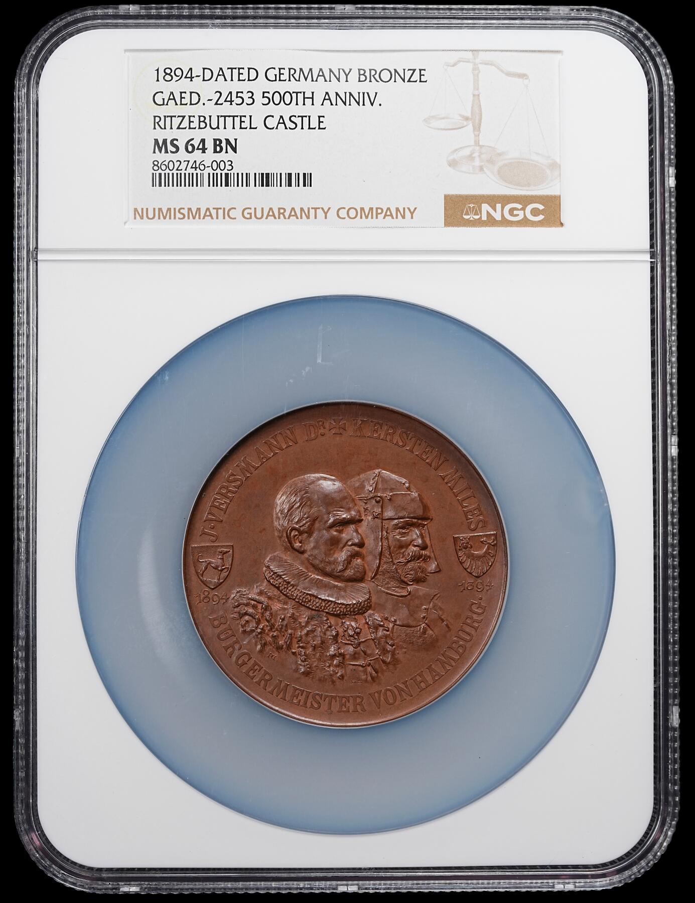 修遠堂世界钱币第九十二期 NGC MS64BN 1894年德国里特布苏特尔城堡500周年纪念大铜章