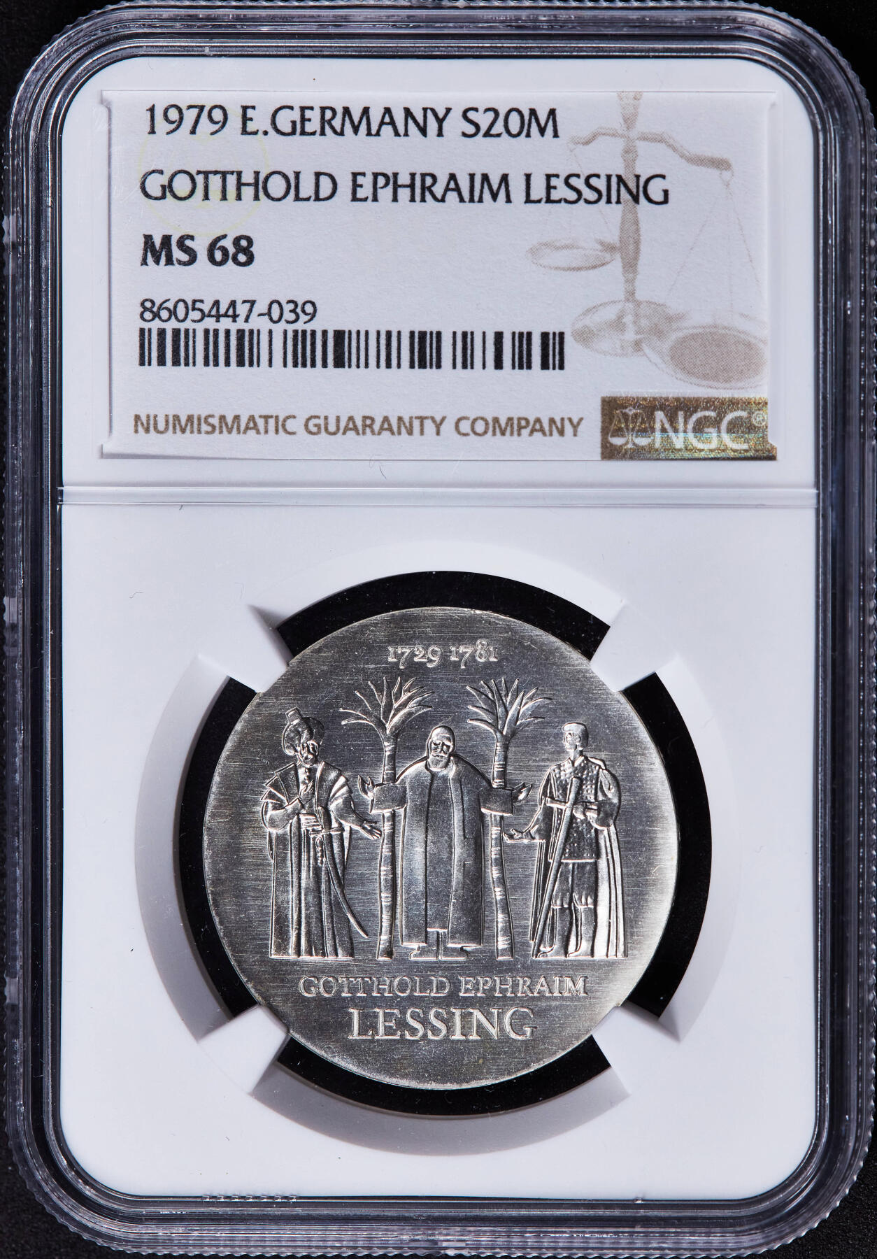 【俄甄集藏】2025年(044)11-12星期三晚 19:30 全场包邮 民主德国（东德）1979年纪念作家戈特霍尔德·埃夫莱姆·莱辛诞辰250周年20马克银币，NGC MS68，冠军，顶级状态，重20.9克，50%银，发行量41000枚，少见品种