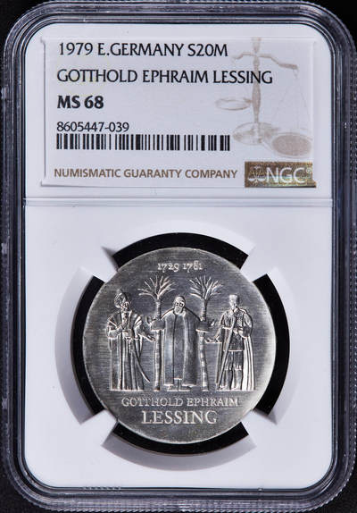 【俄甄集藏】2025年(044)11-12星期三晚 19:30 全场包邮 - 民主德国（东德）1979年纪念作家戈特霍尔德·埃夫莱姆·莱辛诞辰250周年20马克银币，NGC MS68，冠军，顶级状态，重20.9克，50%银，发行量41000枚，少见品种
