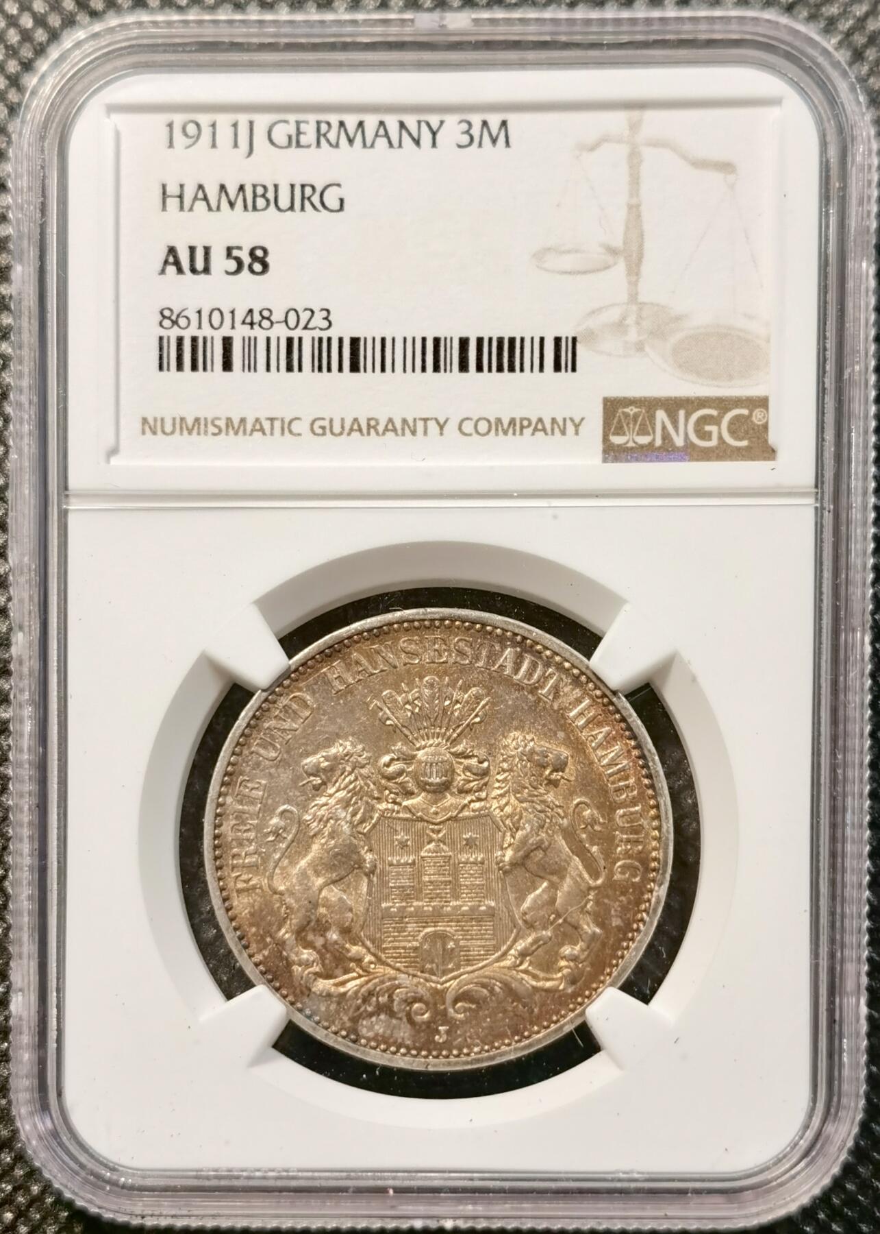 甄臻铺-世界币章拍卖（第38期）立冬小精品场，送拍享返佣金等优惠多多 NGC-AU58 德国汉堡自由市1911年3马克银币，原汁原味黄油彩老包浆，包浆醇厚，状态极佳，状态和品质绝对不输MS级。
