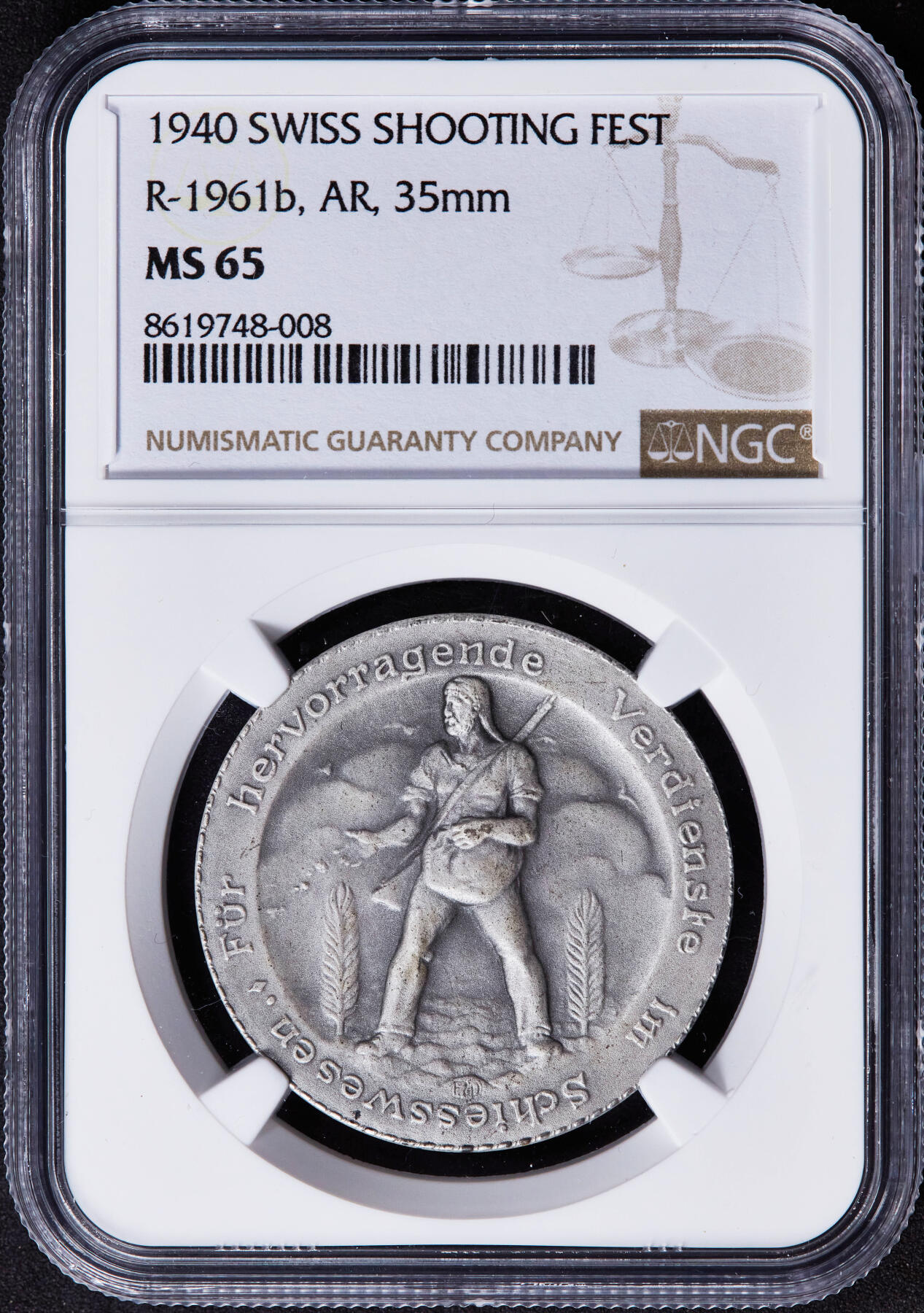 【俄甄集藏】2025年(044)11-12星期三晚 19:30 全场包邮 瑞士1940年纪念联邦射击节银质奖章，NGC MS65，授予卡尔·布伦纳，磨砂底板，顶级状态