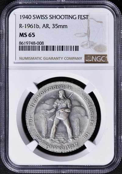 【俄甄集藏】2025年(044)11-12星期三晚 19:30 全场包邮 - 瑞士1940年纪念联邦射击节银质奖章，NGC MS65，授予卡尔·布伦纳，磨砂底板，顶级状态
