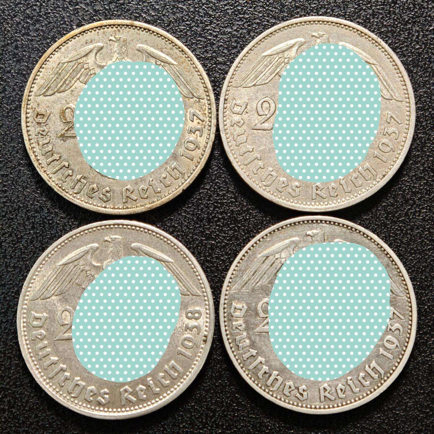 【德藏】世界币章拍卖第152期（拍品征集中~欢迎藏友联系） 4枚一组 1937-38年 德国兴登堡头像2马克银币 原味包浆 直径约：25mm/枚；重约：8g/枚