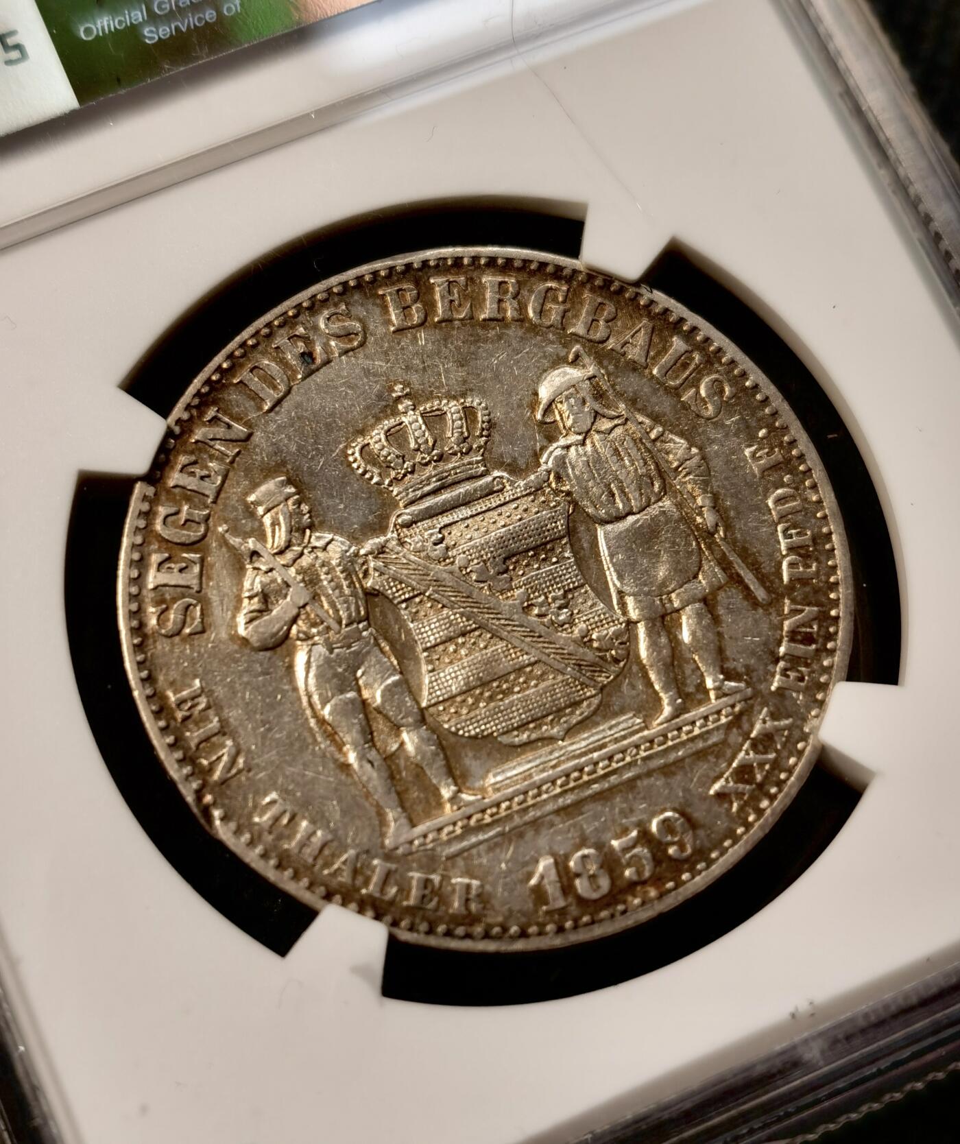 甄臻铺-世界币章拍卖（第38期）立冬小精品场，送拍享返佣金等优惠多多 NGC-AUD 德国1859年萨克森矿业流通1泰勒 矿工人物刻画细致完整