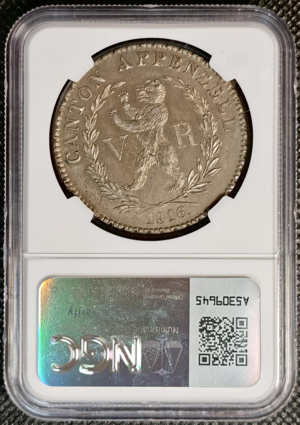甄臻铺-世界币章拍卖（第38期）立冬小精品场，送拍享返佣金等优惠多多 NGC-UNCD 瑞士1816年阿彭策尔州雇佣兵银币，面值4法郎，发行量仅1850枚，属于瑞士雇佣兵银币系列中的稀缺品种梯队