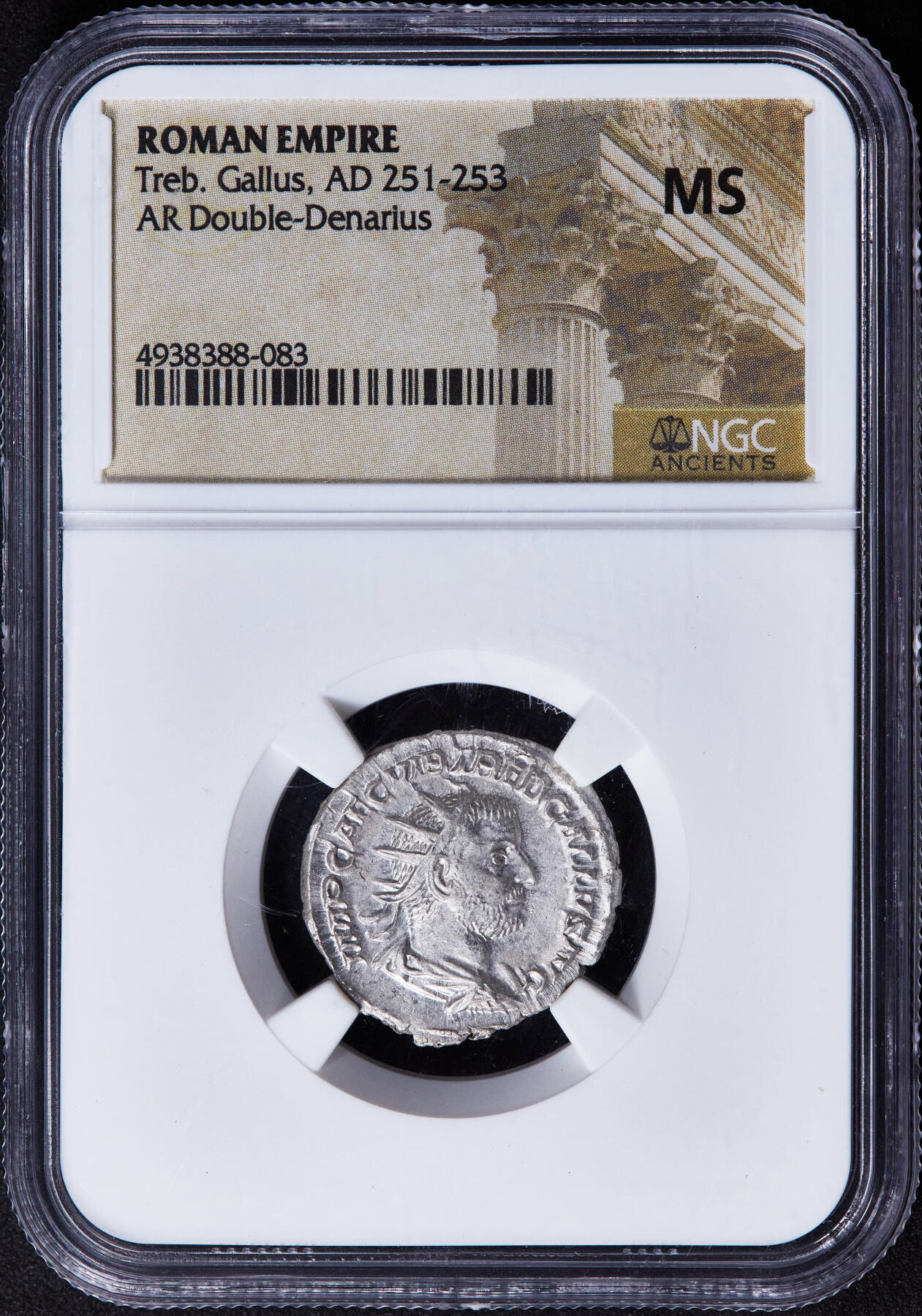 【俄甄集藏】2025年(044)11-12星期三晚 19:30 全场包邮 古罗马帝国公元251年- 253年伽鲁斯罗马三世纪危机时期双第纳尔银币，NGC MS，正面皇帝冠面右像，背面幸运女神手持权杖，MS难得